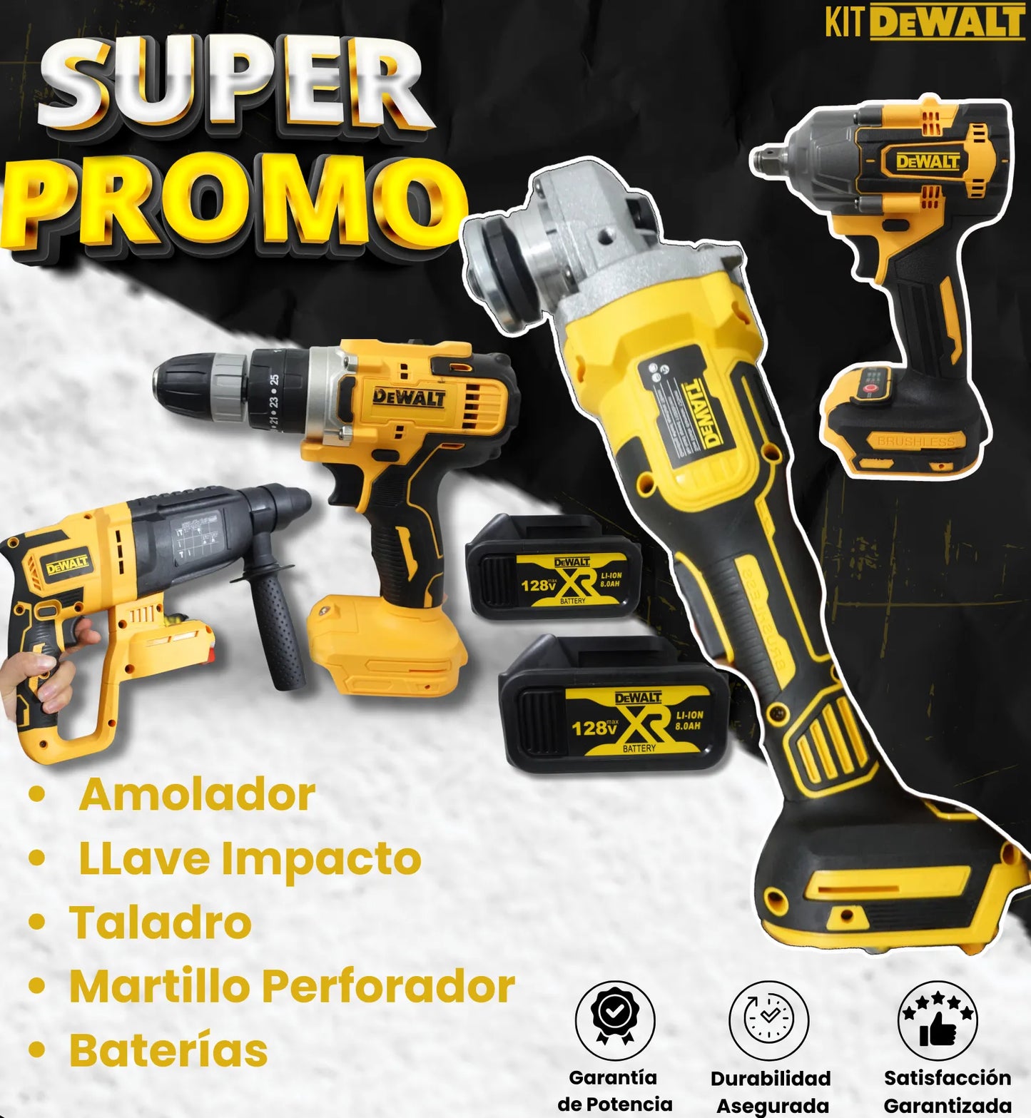 Super Combo Dewalt: Taladro + Atornillador + Martillo Perforador + Amoladora