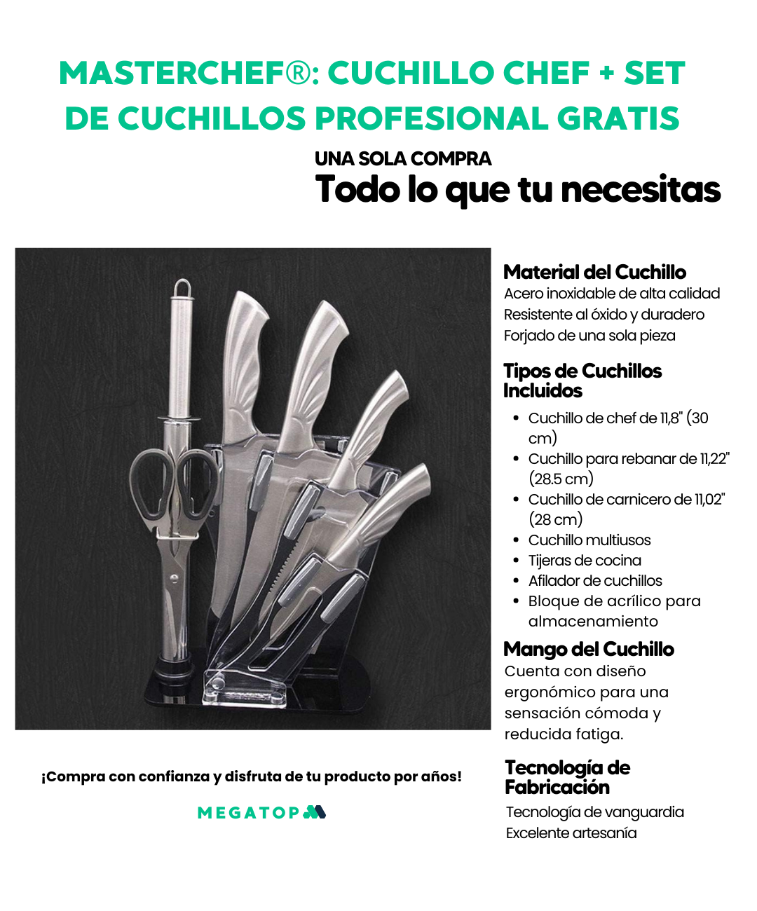 MasterChef®: Cuchillo CHEF + GRATIS SET DE 7 PIEZAS