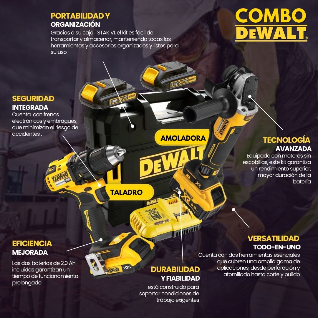 Super Combo Dewalt: Taladro + Atornillador + Martillo Perforador + Amoladora